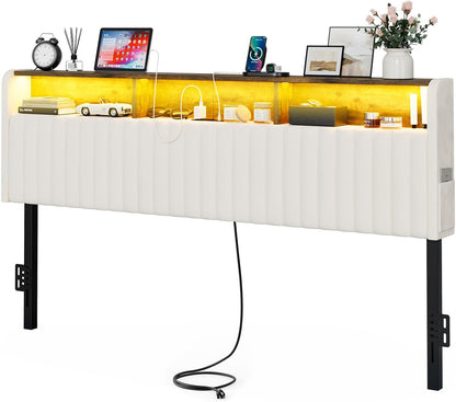 Upholstered California King Headboard with Storage, Adjustable Height, Velvet Cal King Head Board Only with LED Lights & Charging Station, Bed Frame Brackets Adapter, Easy Assembly, White