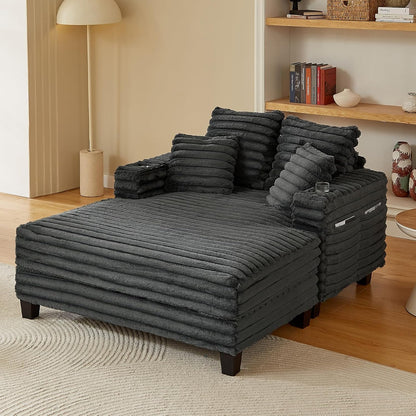 64" Chaise Lounge Chair Indoor, Oversized Sleeper Chair with Wood Frame, Upholstered Sofa Bed for Living Room, Movie Room, Bedroom with 4 Storage Pockets&2 Cup Holders(Plush Corduroy, Grey)