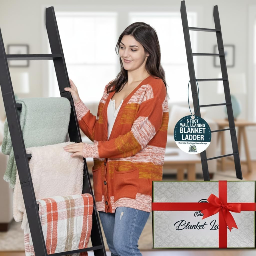 Blanket Ladder for the Living Room and Bedroom, 5Ft 8 Inch, 6-Tier Wall Leaning Laminate Snag Free Material (Black) Rustic Decorative Farmhouse Blanket Rack, Quilt Rack, Ladder Shelf, Easy Assembly