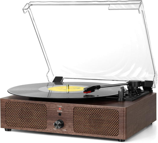 Vintage Wooden Record Player with Bluetooth 3-Speed Belt-Driven Turntable Built-In Speakers, Beginner Friendly Retro Phonograph for Home Decor, for Vinyl Enthusiasts (Walnut Finish)