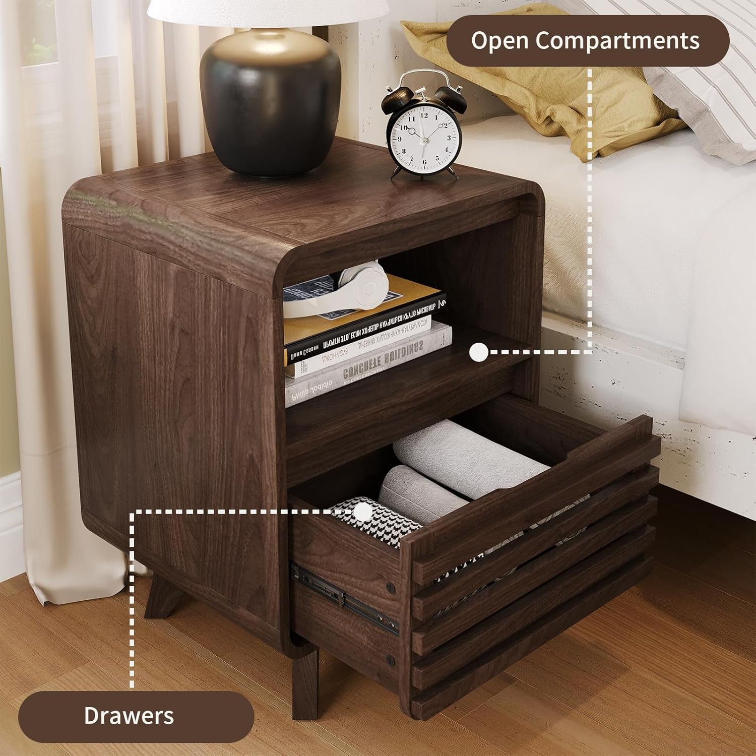 3 Piece Bedroom Set, Dresser and Nightstand Sets, Fluted 6 Drawer Dresser and Nightstand Set of 2, Wood Wide Chest of Drawers Storage Organizer Cabinet Set, Dark Walnut