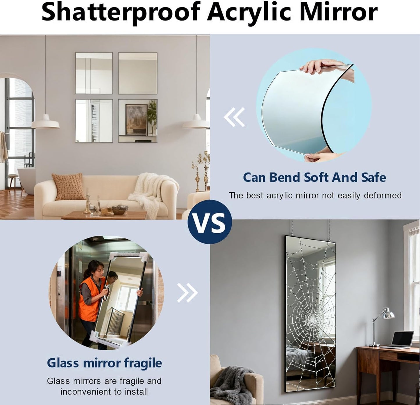 4 Pack Acrylic Mirrors for Wall,8 X 8 Inch Self Adhesive Frameless Small Mirror Tiles, Flexible Plastic Mirror Sheets for Bedroom Home Gym Door (4Pcs 8×8Inch)
