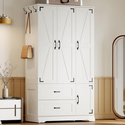 Armoire Wardrobe Closet 71" H, Bedroom Wooden Wardrobe with 4 Doors and 2 Drawers, Farmhouse Clothing Storage Cabinet Combination with Hanging Rod, Shelves, and Hooks, White