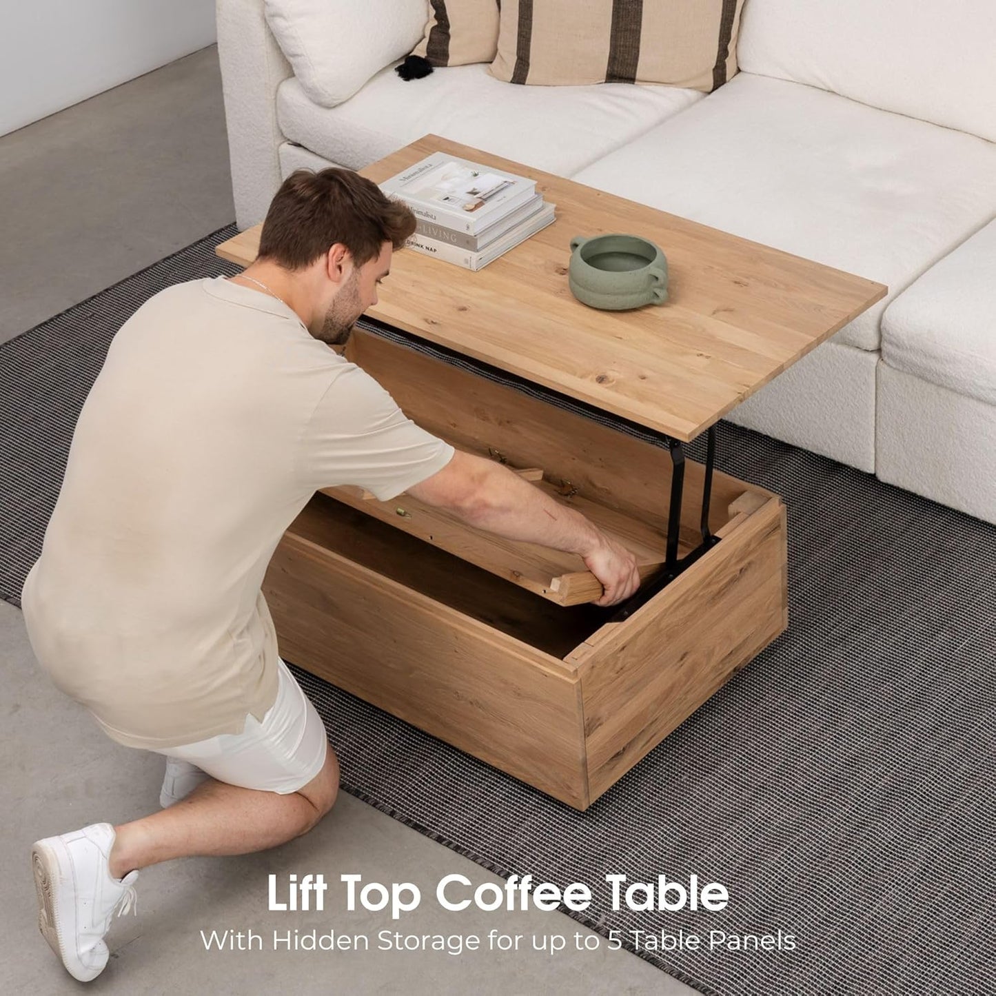 - Solid Wood Extendable Dining Table with Bench and Sideboard Storage, Seats 2-12, Space-Saving Furniture, Scandinavian Oak, Natural Finish (Table + Bench + Coffe Table)