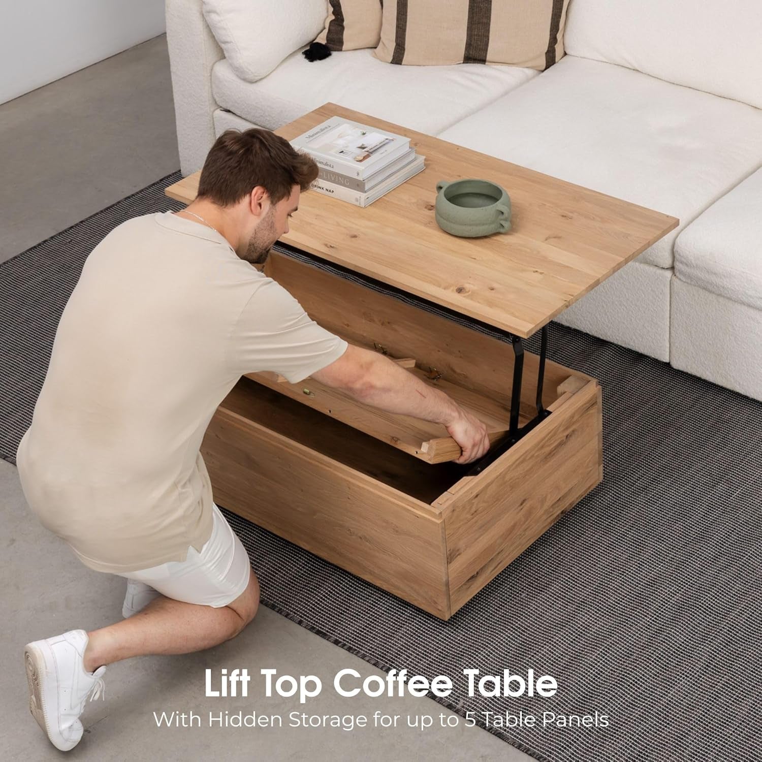 - Solid Wood Extendable Dining Table with Bench and Sideboard Storage, Seats 2-12, Space-Saving Furniture, Scandinavian Oak, Natural Finish (Table + Bench + Coffe Table)