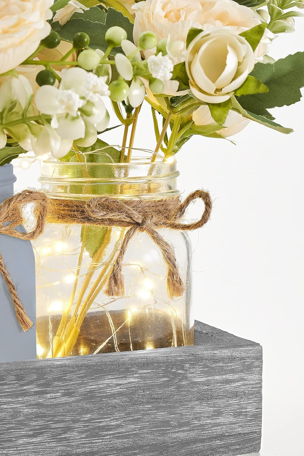 Mason Jar Lights Centerpiece Table Decor for Dining Room Farmhouse Wood Tray with 3 Jars Flowers Center Pieces Spring Decor for Coffee Table Kitchen Living Room, Grey Blue