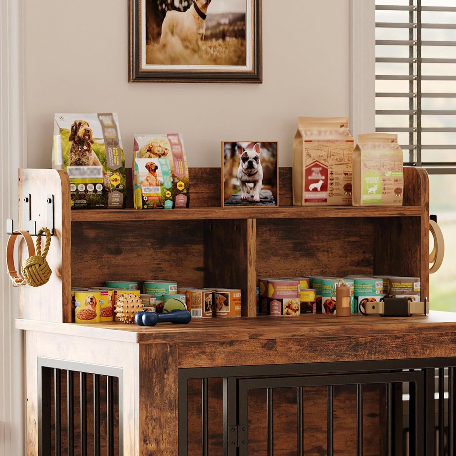 Dog Crate Furniture, 33.4 Inches Wooden Small Dog Crate with Storage and 4 Hooks, Heavy Duty Pet Crate for Small Dog, Decorative Pet Cage for Indoor (22" L X 33.4" W X 37.4" H)