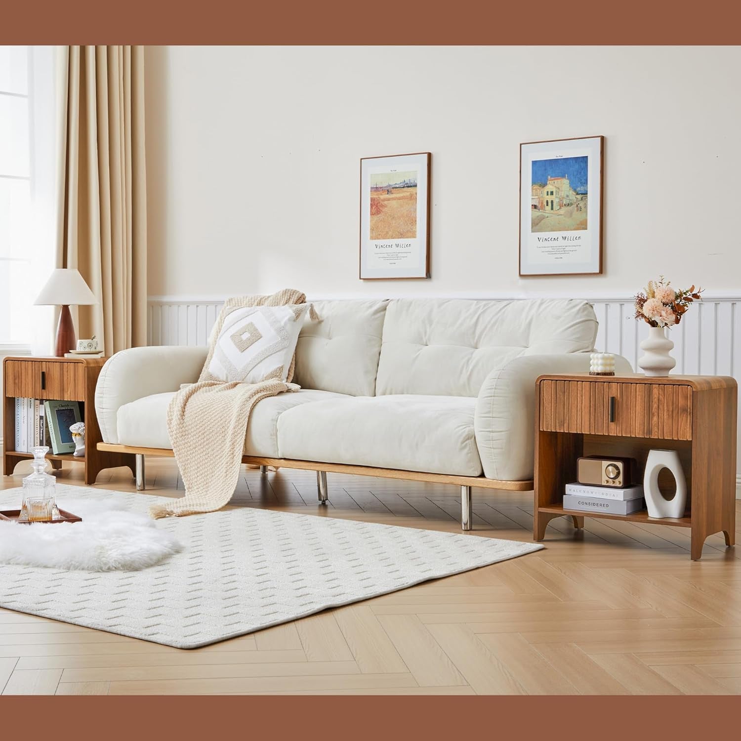 Fluted Night Stand Set of 2, Modern Nightstand Curved Profile, Drawer and Open Shelf - Bedside Table Wood Side Table Set for Bedroom (Walnut-2 Nightstands)