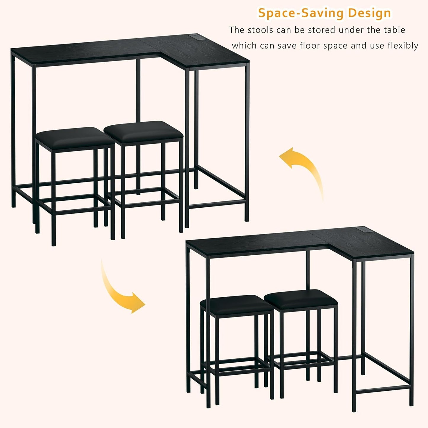 Bar Table and Chairs Set for 2-4, 63'' Convertible L-Shaped Kitchen Table with Power Outlets, 3 Piece Counter Height Small Dining Table with 2 Stools, Space Saving, Breakfast Nook Corner, Black
