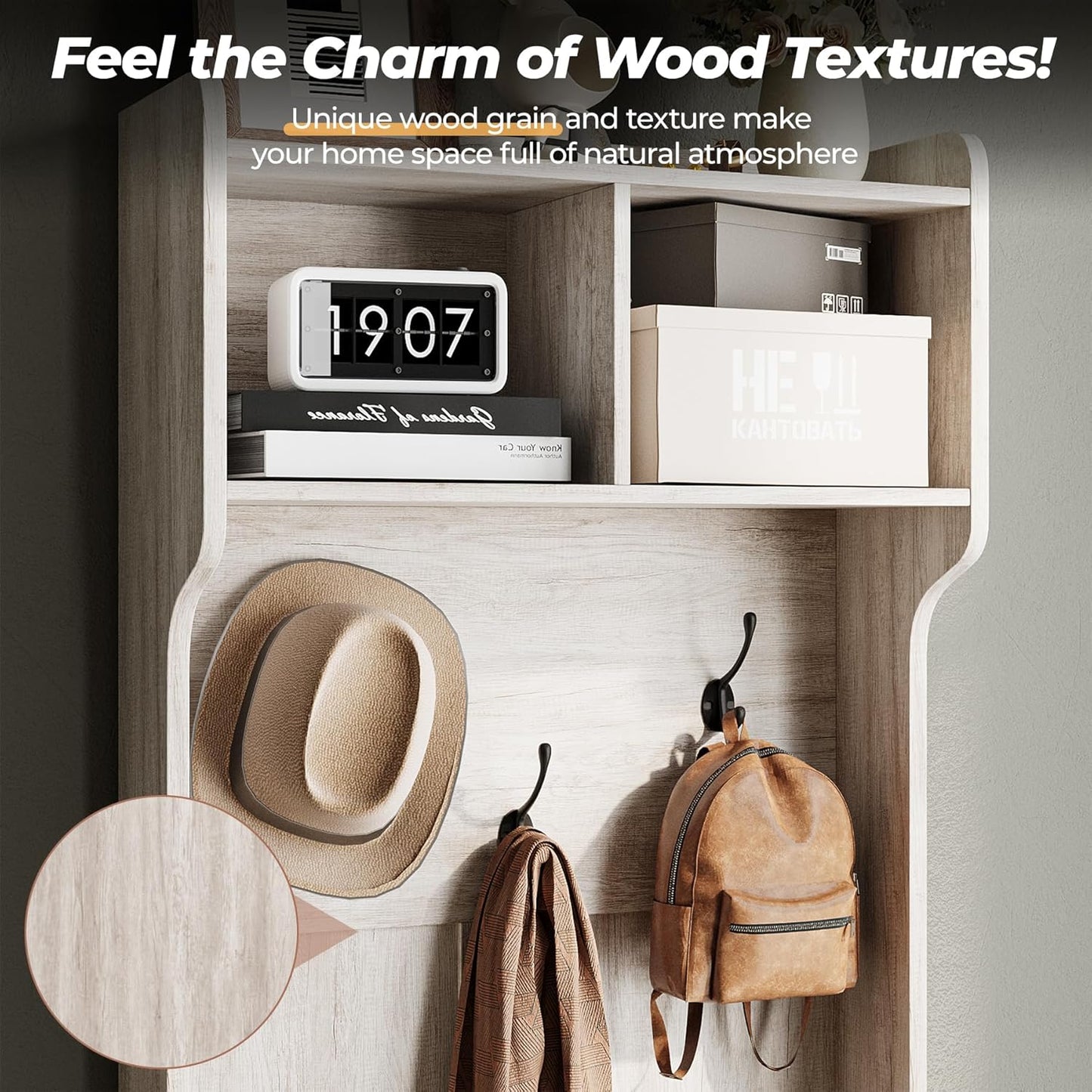 Farmhouse Hall Tree with Shoe Storage, 23" Entryway Narrow Coat Rack with 4 Cubbies, 3 Hooks & Mesh Barn Door, Coat Tree and Shoe Rack Entryway for Hallway, Living Room, Mudroom, Rustic White