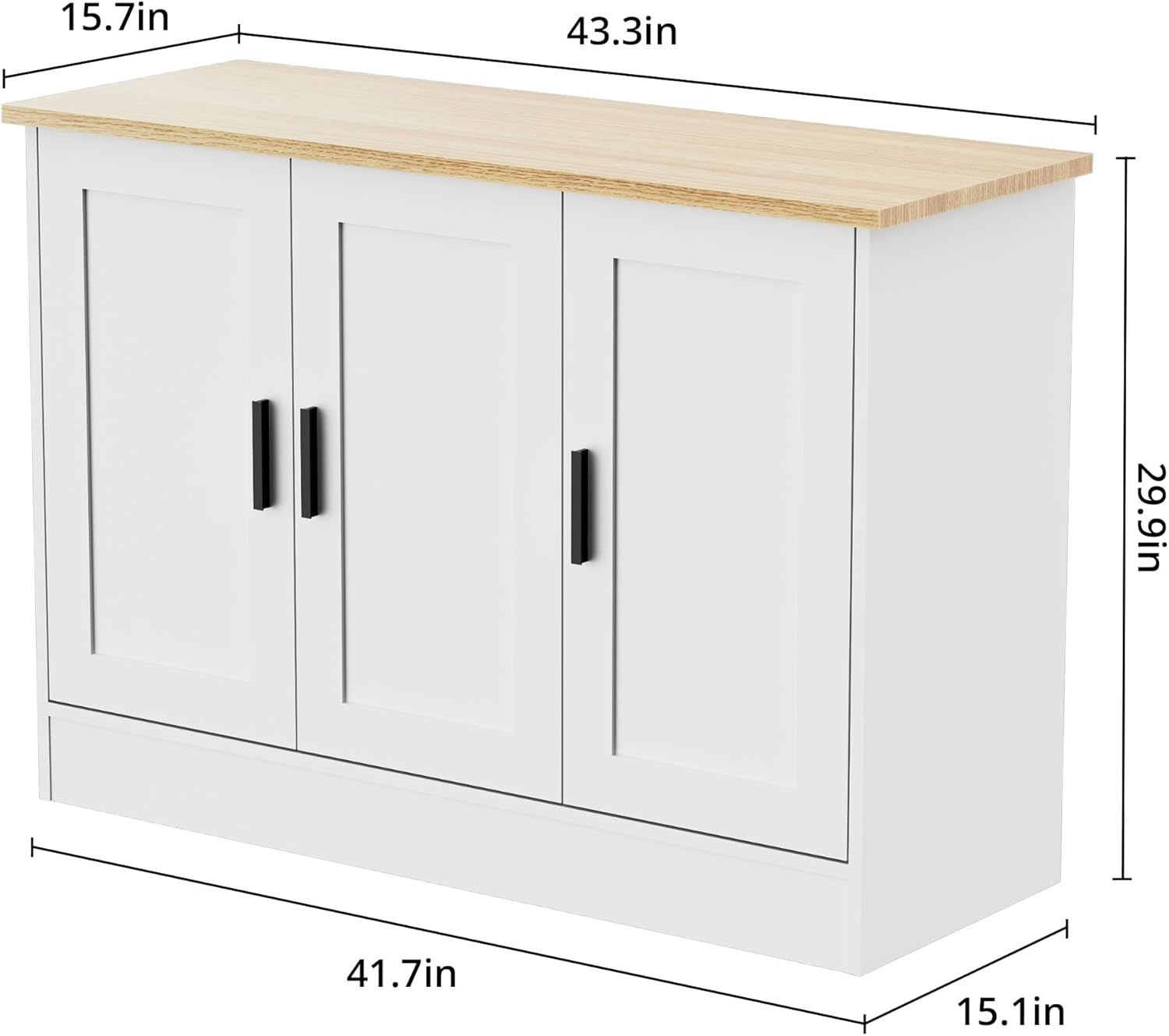 43.3”W White 3 Door Buffet Cabinet, Coffee Bar with Adjustable Shelf, Kitchen Sideboard for Living Room, Kitchen