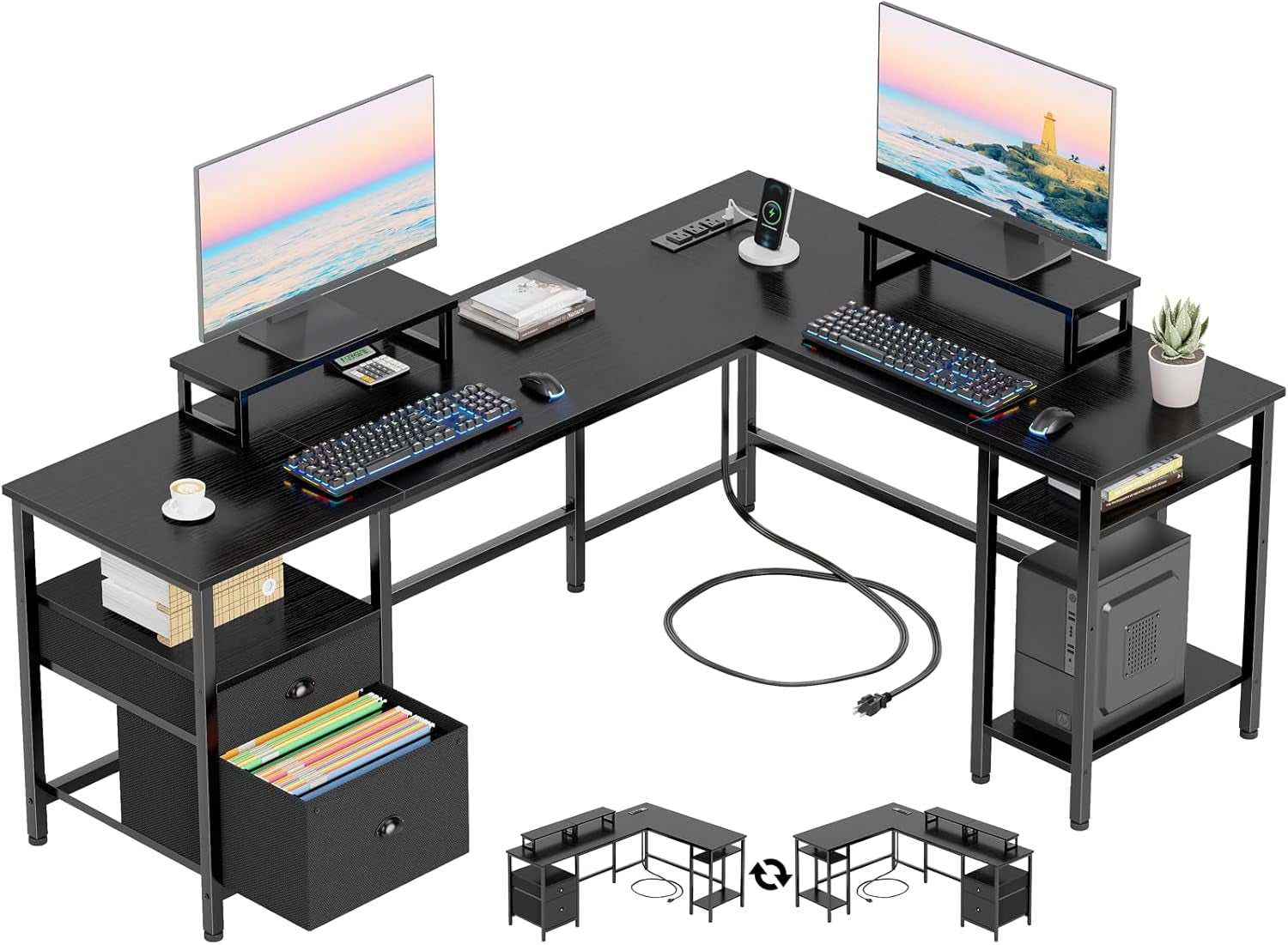 66” L Shaped Desk with Power Outlet, Reversible Computer Gaming Desk with File Drawer & 2 Monitor Stands for Home Office with Storage Shelves, Black