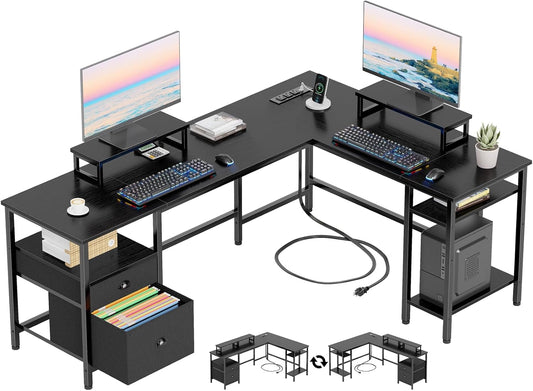 66” L Shaped Desk with Power Outlet, Reversible Computer Gaming Desk with File Drawer & 2 Monitor Stands for Home Office with Storage Shelves, Black