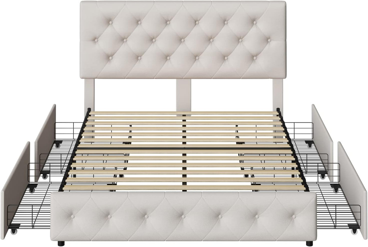 Queen Bed Frame with 4 Storage Drawers and Adjustable Headboard, Upholstered Platform Bed with Button Tufted Design, Strong Wooden Slats Support, No Box Spring Needed, Fabric, Cream