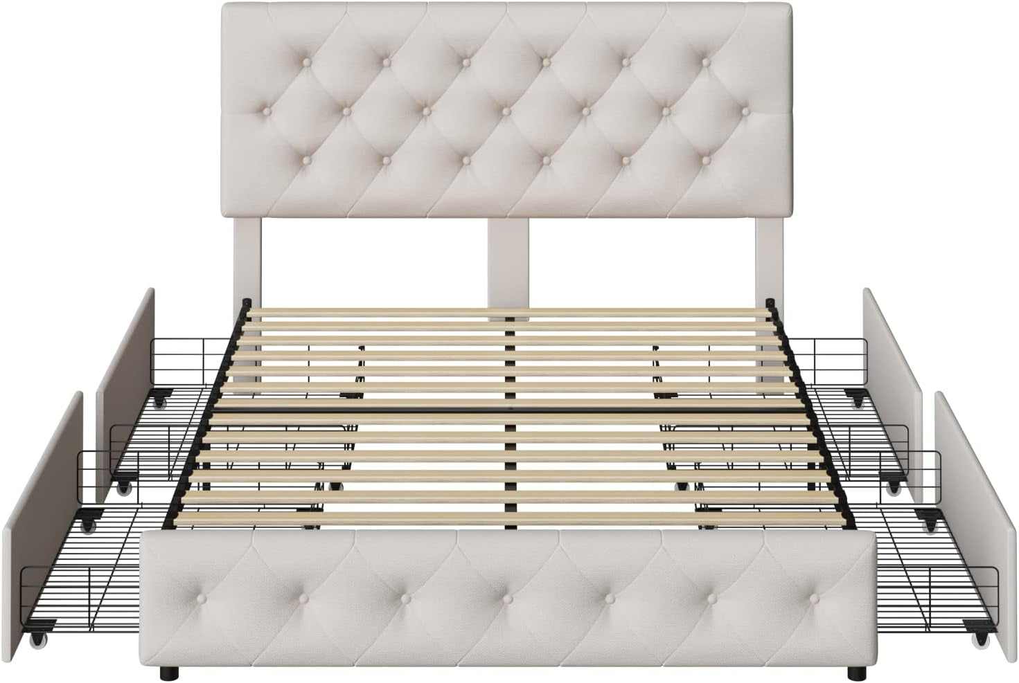 Queen Bed Frame with 4 Storage Drawers and Adjustable Headboard, Upholstered Platform Bed with Button Tufted Design, Strong Wooden Slats Support, No Box Spring Needed, Fabric, Cream