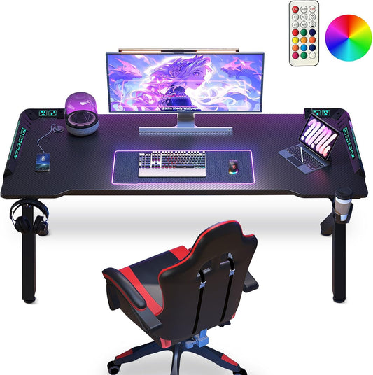 Gaming Desk, 55'' Computer Desk, Gaming Desk W/Led Lights & Carbon Fiber Desktop, Home Office Desks W/Ergonomic Design, Computer Desks W/Cup Holder, Headphone Holder, Cable Organizer