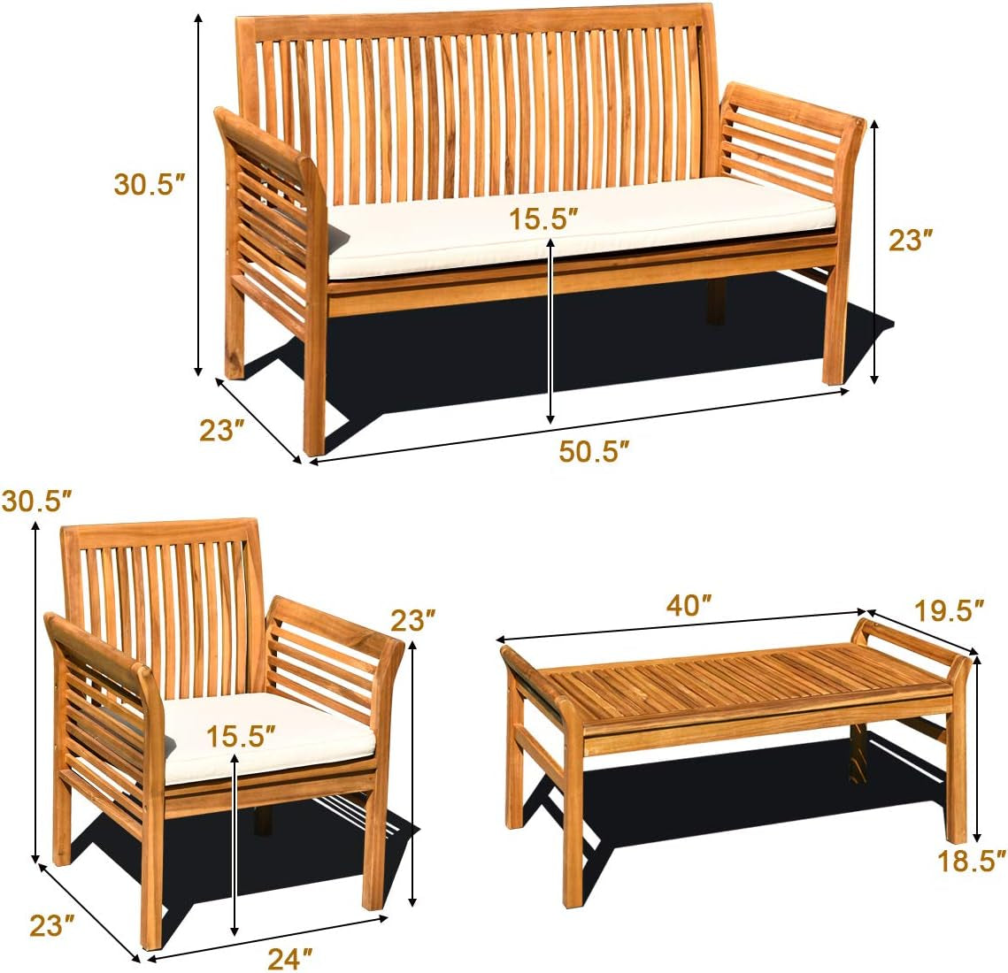 4 Piece Outdoor Acacia Wood Sofa Set with Water Resistant Cushions, Padded Patio Conversation Table Chair Set W/Coffee Table for Garden, Backyard, Poolside (1)