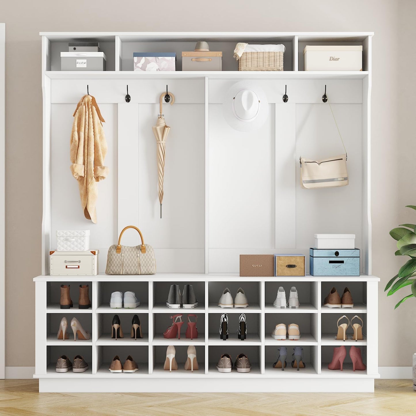 Extra Large Hall Tree with Bench and Shoe Storage, Multi-Purpose Entryway Bench with Coat Rack, Adjustable Shelves, 6 Double Hooks and 21 Open Compartments, White