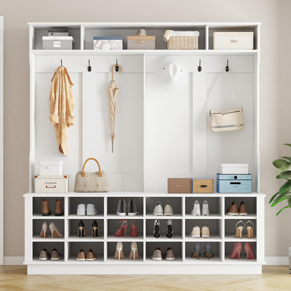 Extra Large Hall Tree with Bench and Shoe Storage, Multi-Purpose Entryway Bench with Coat Rack, Adjustable Shelves, 6 Double Hooks and 21 Open Compartments, White