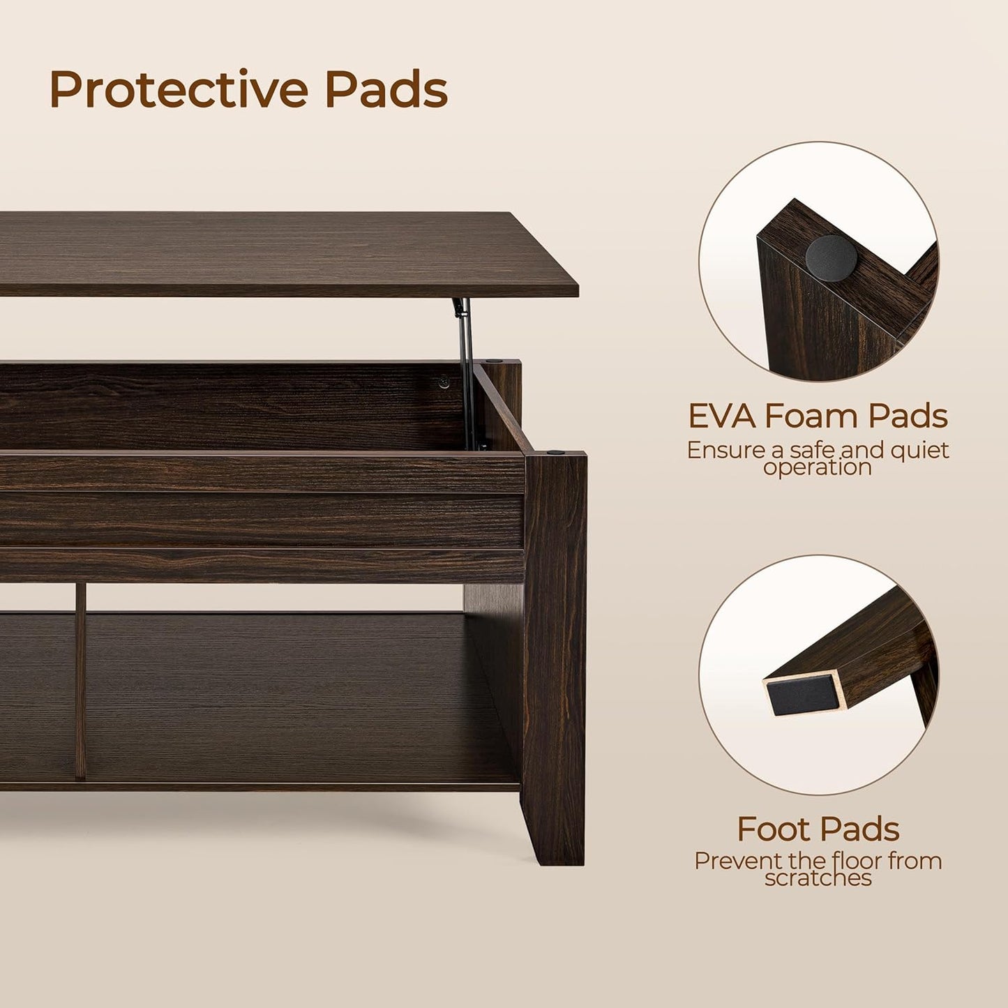 Lift Top Coffee Table with Hidden Storage Compartment & Seperated Lower Shelf, Lift up Coffee Table, Rising Tabletop Dining Table for Living Room, 39.5 in L, Espresso