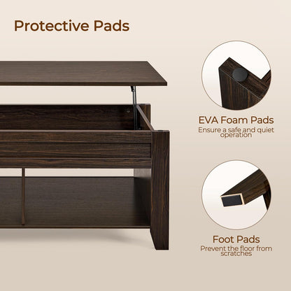 Lift Top Coffee Table with Hidden Storage Compartment & Seperated Lower Shelf, Lift up Coffee Table, Rising Tabletop Dining Table for Living Room, 39.5 in L, Espresso