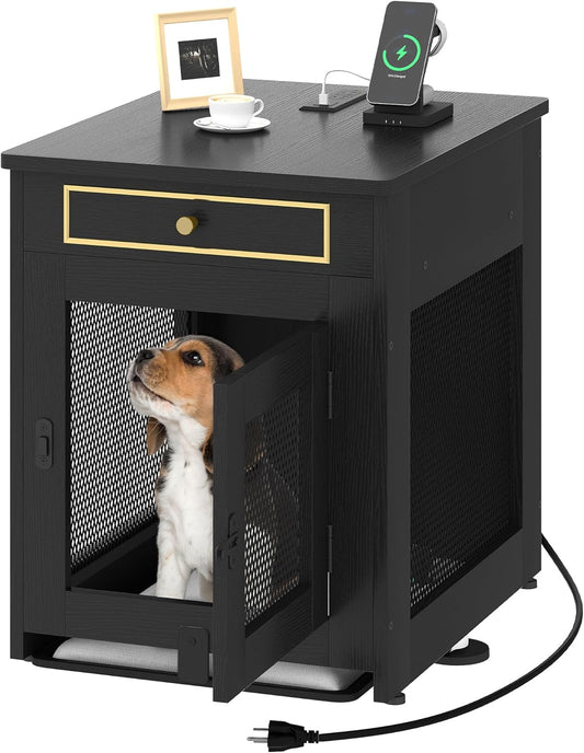 Dog Kennel Furniture with Dual USB Charger, Dog Crate End Table with Tray, Wooden Dog Crate Furniture with Cushion for Small Dogs, Black
