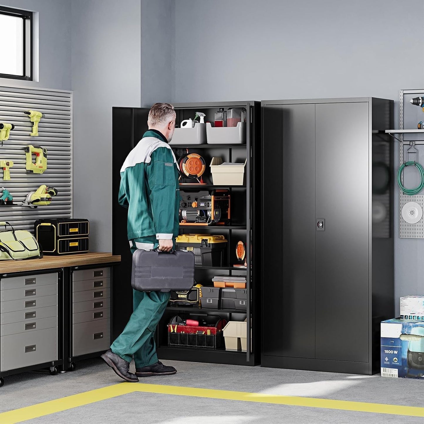 Metal Garage Storage Cabinets with Lock Door and Adjustable Shelves, Steel Tool Cabinets for Home,Office,Warehouse Organisieren (Black)