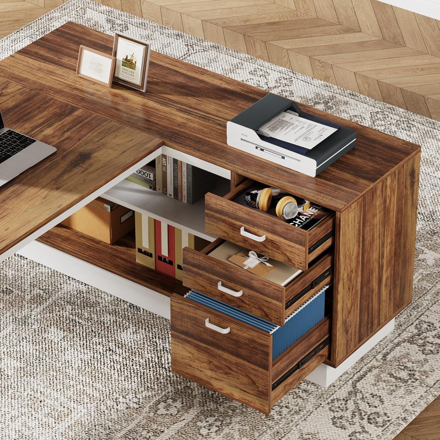 71-Inch Executive Desk, L-Shaped Desk with Cabinet, Large Office Desk with Drawers and Storage Shelves, Writing Table Computer Desk for Home Office, Brown and White