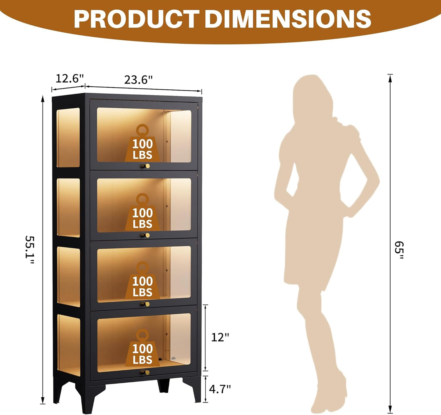 4 Tier Glass Display Cabinet with Flip-Up Doors, 55" Curio Cabinet with 13-Color LED Lights, 3-Side Tempered Glass Display Case for Books, Collectibles, Figures, Black