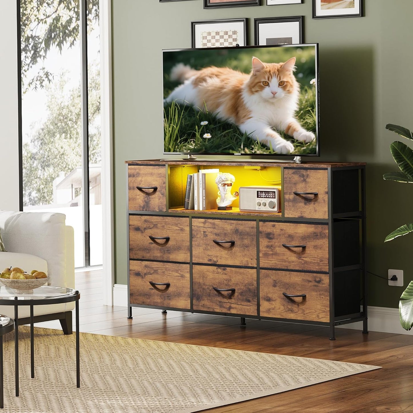 Dresser TV Stand for 45, 50, 55 Inch TV, Entertainment Center with LED Lights & Charging Station, Chest of Drawers with 8 Fabric Drawers and Open Shelves for Living Room, Hallway, Rustic Brown