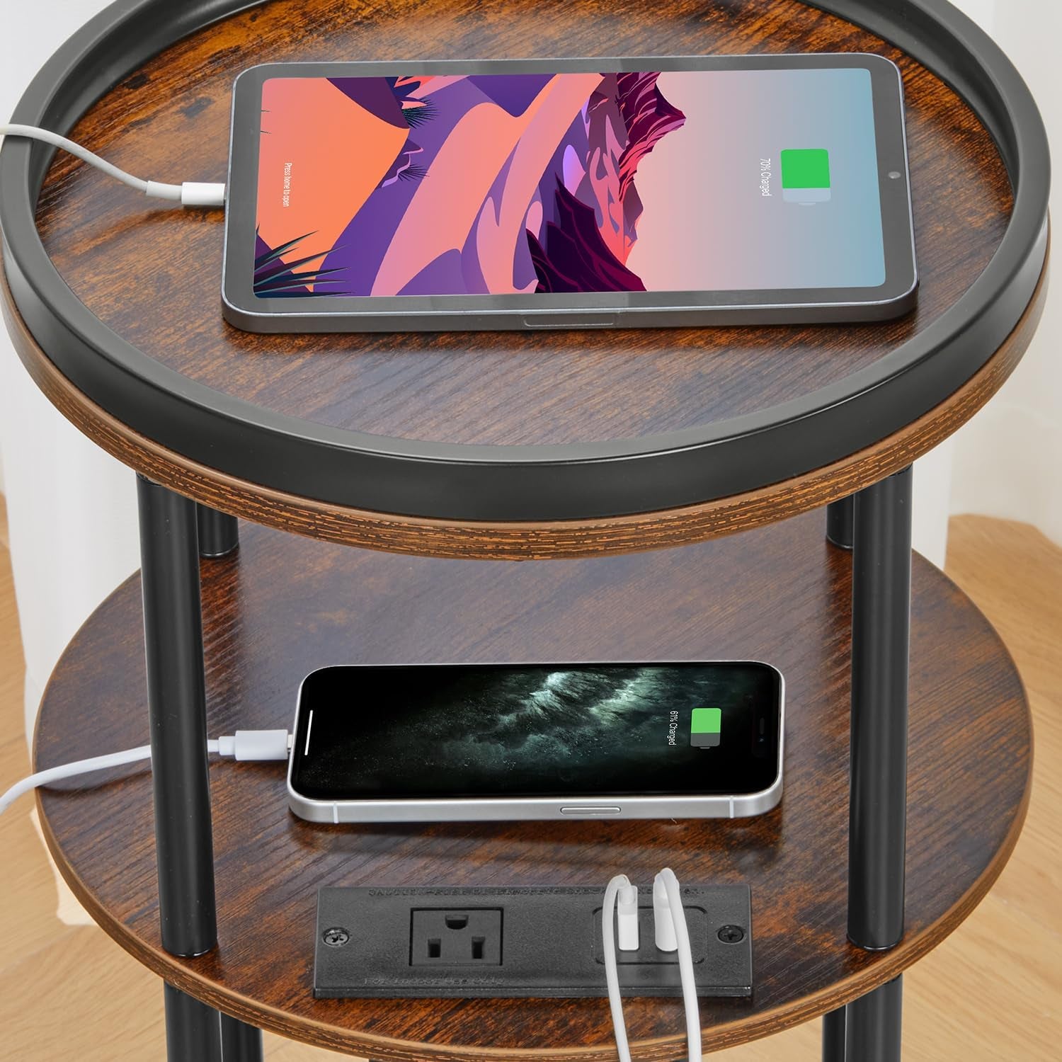 Small round Side Table with Charging Station for Small Spaces, 3-Tier round Accent Table with USB Ports & Power Outlets, Corner Table Sofa End Table for Living Room Bedroom (USB Charger, Rustic Brown)