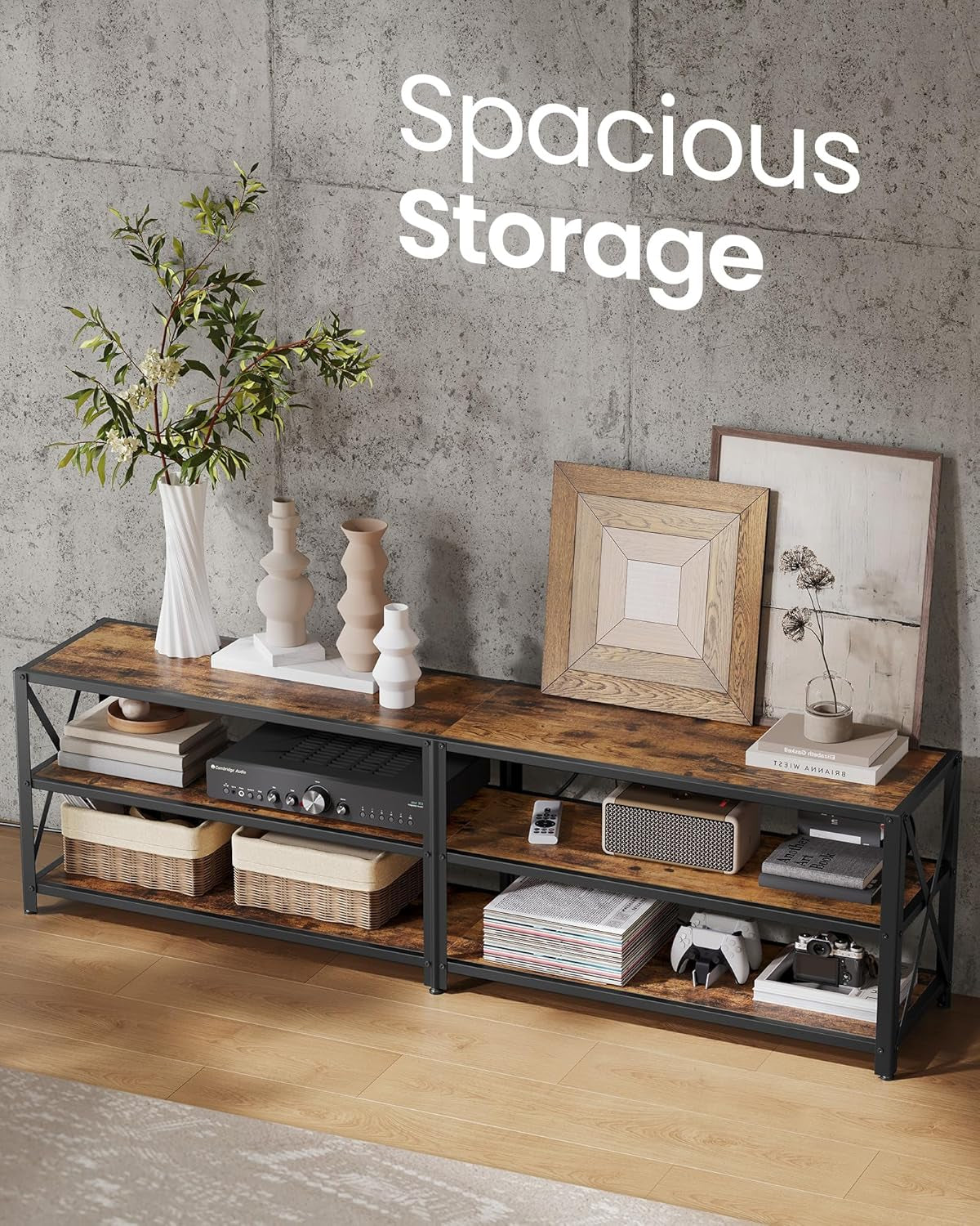 TV Stand with Power Outlets and LED Lights, for Tvs up to 75 Inches, Entertainment Center with Open Storage Shelves, TV Console Table for Living Room, Rustic Brown and Ink Black ULTV119K01