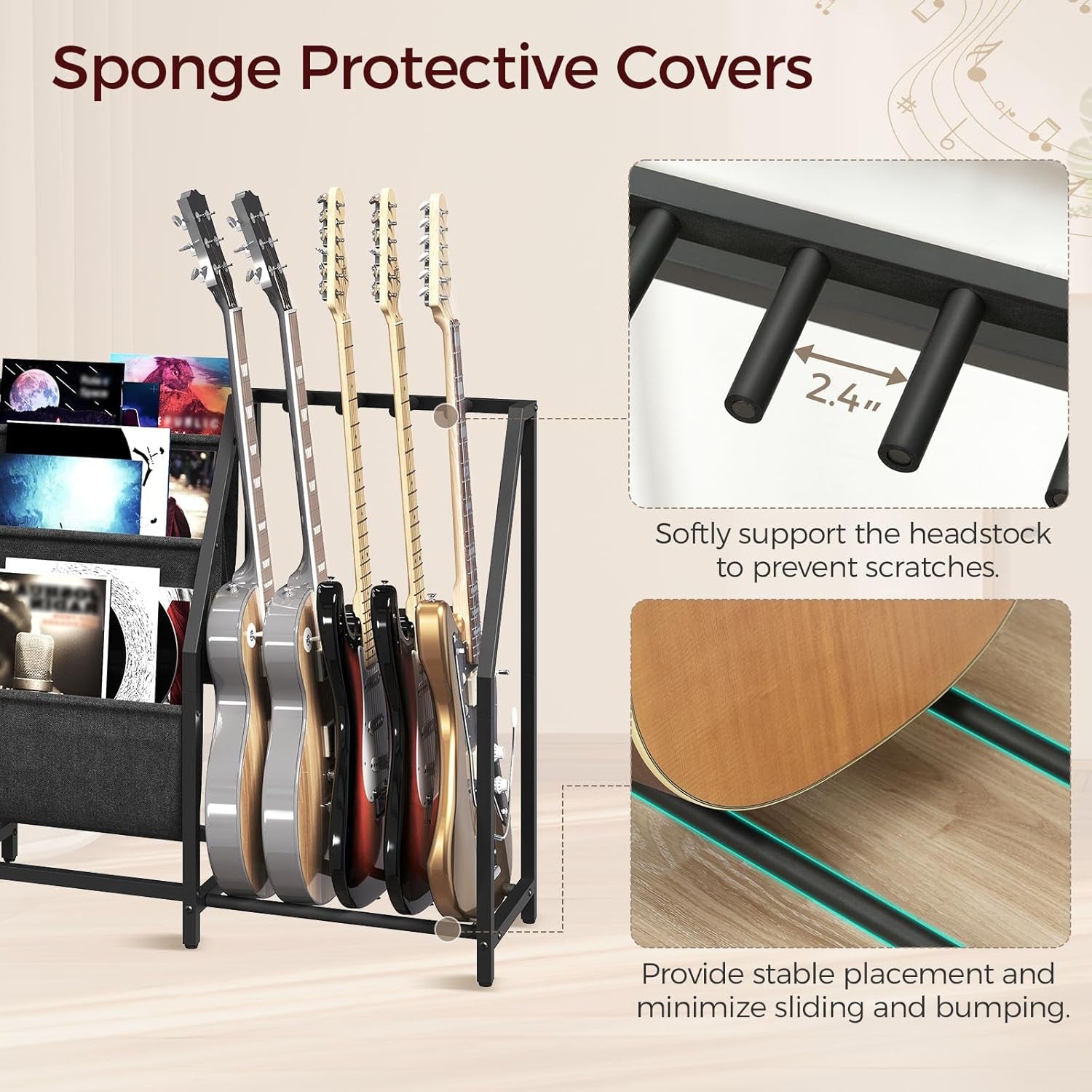 Guitar Stand, Record Player Stand with Storage, for 5 Acoustic Guitar, Bass, Electric Guitar, Ukulele, Banjo, Turntable, Vinyl Records and Amp Accessories, for Music Studios, Black