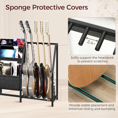 Guitar Stand, Record Player Stand with Storage, for 5 Acoustic Guitar, Bass, Electric Guitar, Ukulele, Banjo, Turntable, Vinyl Records and Amp Accessories, for Music Studios, Black