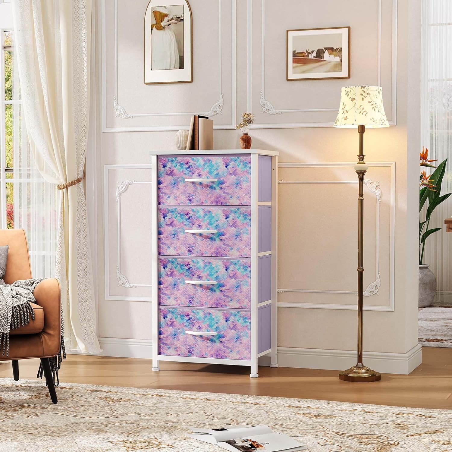 Dresser with 4 Drawers - Storage Tower Unit, Dresser for Room, Living Room, Closets - Sturdy Steel Frame, Wooden Top & Easy Pull Fabric Bins,Purple