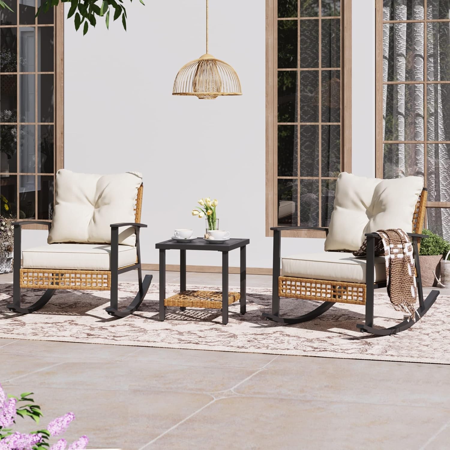 3-Piece Rocking Bistro Set, Outdoor Patio Furniture with Thick Cushions and 2-Tier Coffee Table, Oversize Rattan Conversation Set for Garden, Balcony, Backyard (Beige)