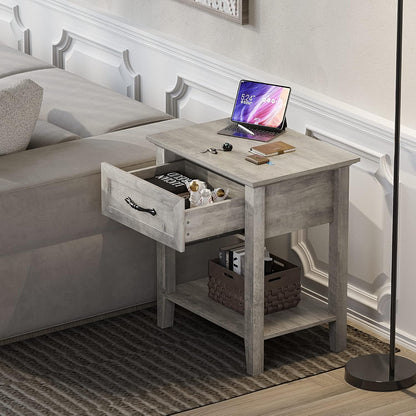 Grey Nightstands Set of 2, End Table with Drawer, Side Table for Spaces, 2 Tiers Storage Shelves with Dresser, Bedside Table for Living Room, Bedroom, Dorm (2Pcs-Grey)