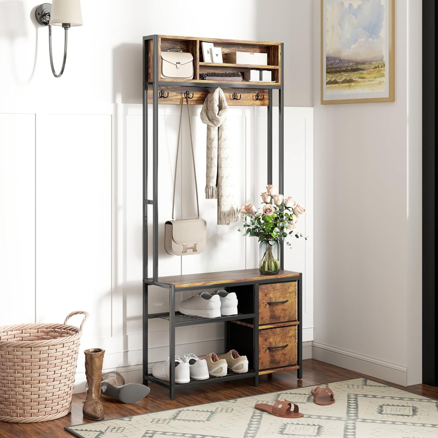 Hall Tree with Bench and Shoe Storage, 5-In-1 Entryway Bench with Coat Rack, 3 Storage Compartments, 5 Coat Hooks, 2 Fabric Drawers, Distressed Dark Brown