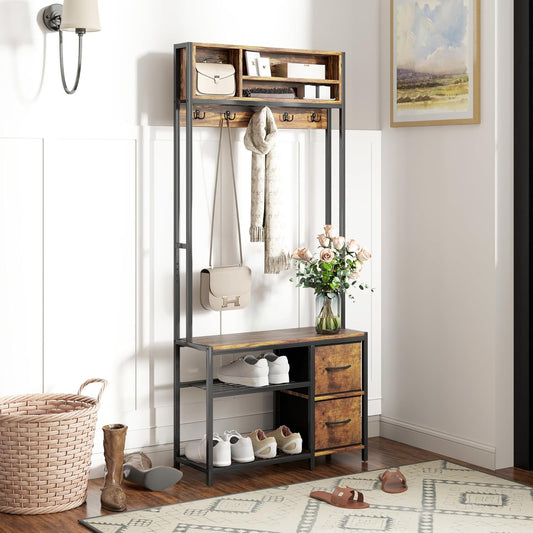 Hall Tree with Bench and Shoe Storage, 5-In-1 Entryway Bench with Coat Rack, 3 Storage Compartments, 5 Coat Hooks, 2 Fabric Drawers, Distressed Dark Brown