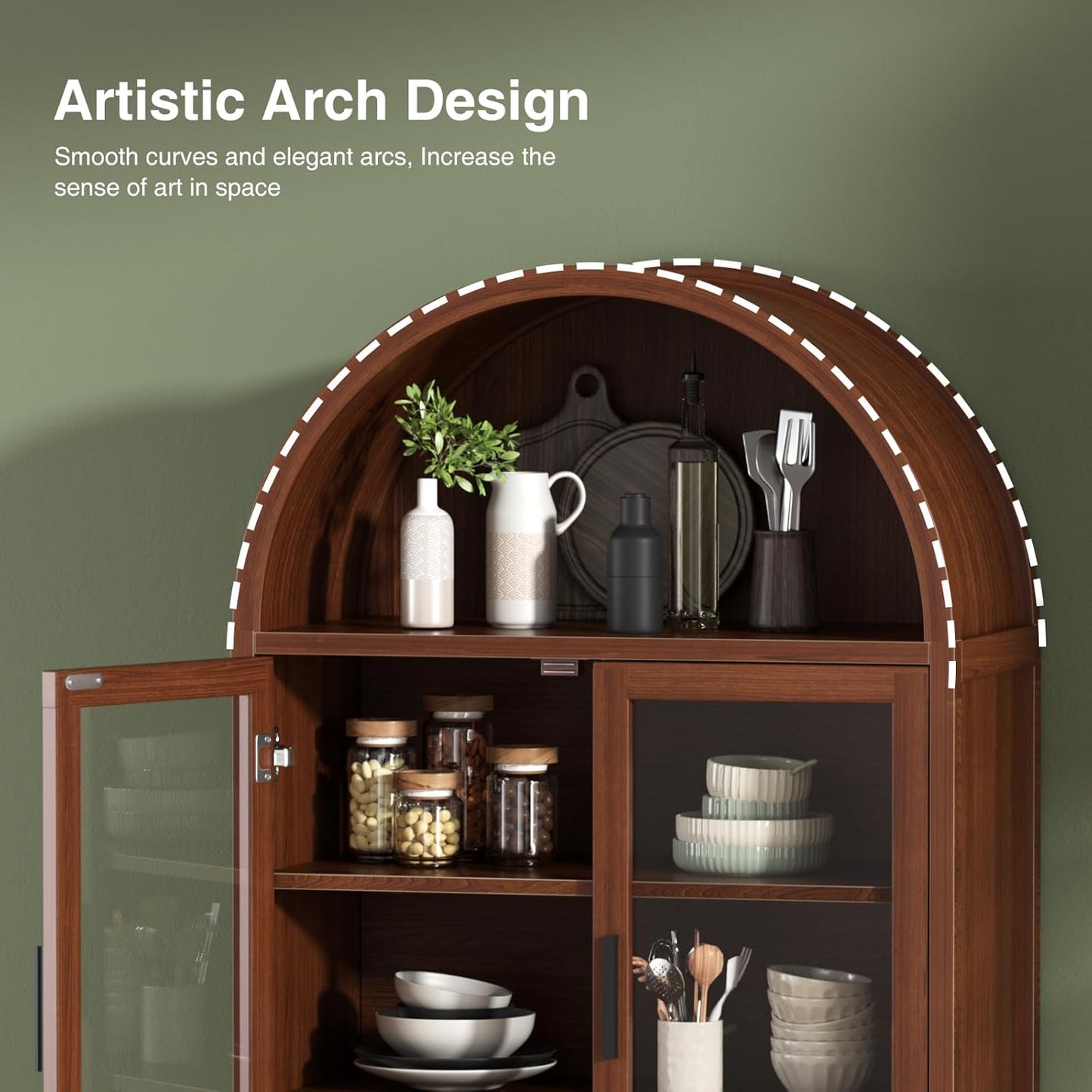 71" Tall Arched Cabinet with Glass Doors, Fluted Pantry Cabinet with Solid Wood Legs, Modern Accent Furniture for Living Room, Kitchen, Dining Room, Entryway, Walnut