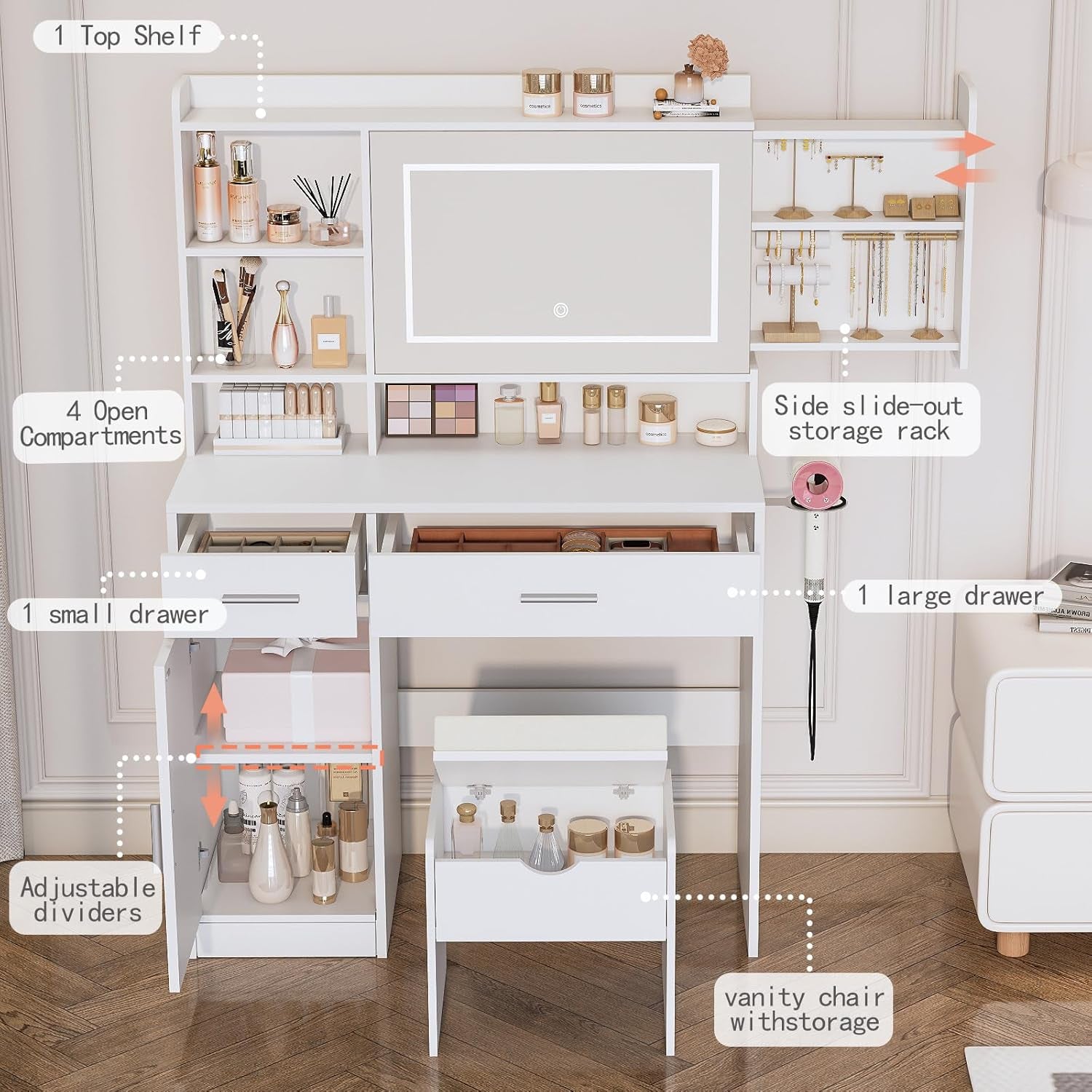 Vanity Desk with Mirror and Lights, with Hidden Shelves,4 Compartments,2 Drawers,Cabinet & Stool,Dimmable LED Lights,Power Outlets, Ideal for Bedroom Vanity Organization(White)