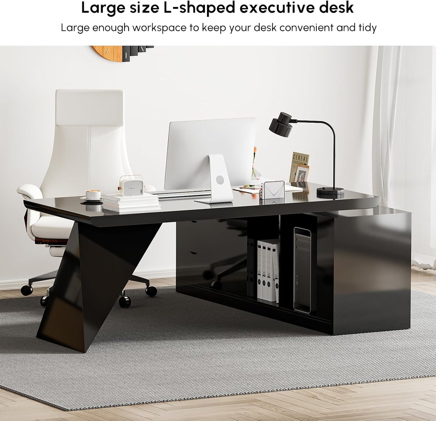 70.9" Modern L-Shape Executive Desk, Home Office Desk with Drawers & Cabinet Modern Computer Desk for Home Business Furniture, Black, Left Hand