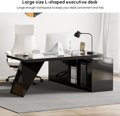 70.9" Modern L-Shape Executive Desk, Home Office Desk with Drawers & Cabinet Modern Computer Desk for Home Business Furniture, Black, Left Hand