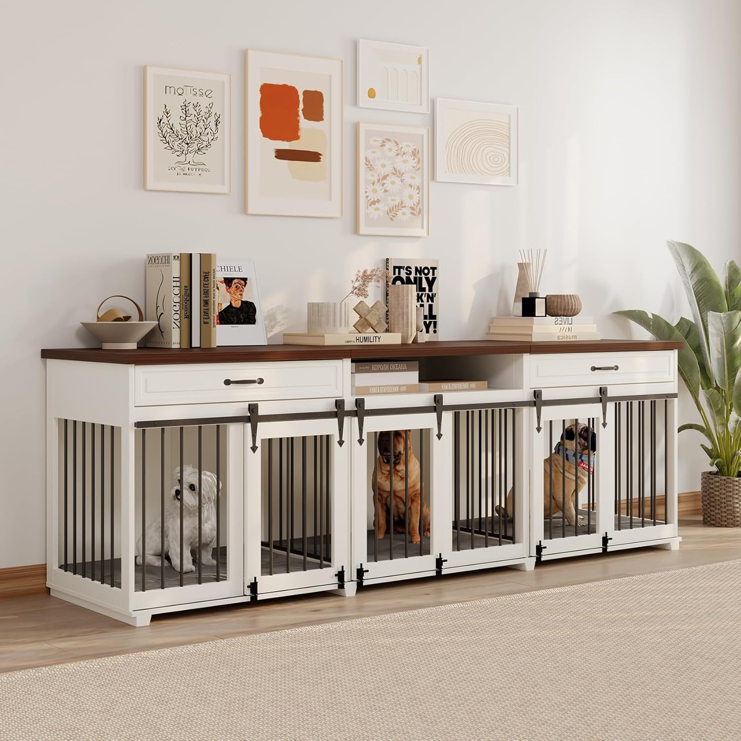 Dog Crate Furniture - Indoor Wooden Farmhouse Large Dog Kennel Fureniture for 3 Dogs, with Sliding Barn Doors, 2 Drawers & 1 Shelf, 95" Lx23.6 Wx31.5 H, White