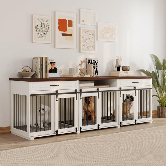 Dog Crate Furniture - Indoor Wooden Farmhouse Large Dog Kennel Fureniture for 3 Dogs, with Sliding Barn Doors, 2 Drawers & 1 Shelf, 95" Lx23.6 Wx31.5 H, White
