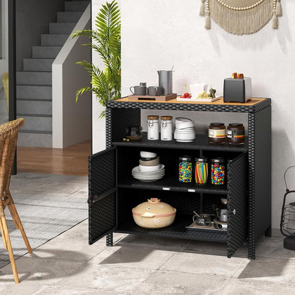 Wicker Outdoor Bar Cabinet - PE Rattan Patio Bar Table W/Acacia Wood Countertop, Open Shelf & 2 Doors, Buffet Sideboard Organizer for Garden Backyard Pool, outside Storage Cabinet (Black)