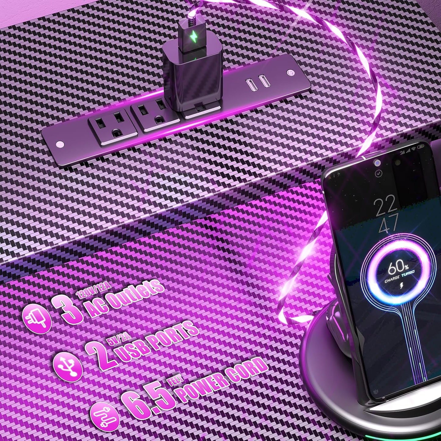 47 Inch Computer Gaming Desk with Power Outlets & LED Lights Reversible Home Office Desk with Adjustable 5 Fabric Storage Drawers for Working Writing Study, Carbon Fiber Black