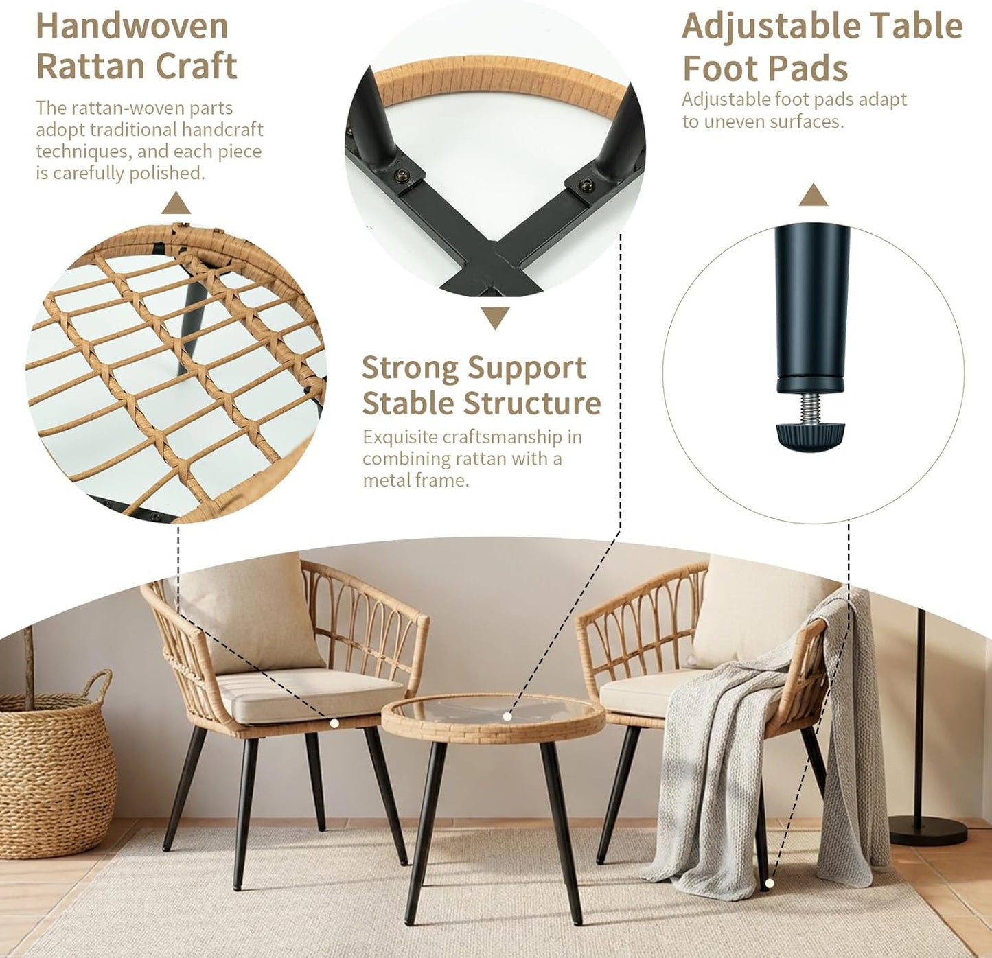 3-Piece Patio Dining Set, Featuring a round PE Rattan Table and 2 Chairs, Suitable for Bedrooms, Porches and Gardens All-Weather Furniture Set Includes Tempered Glass, Thick Cushions
