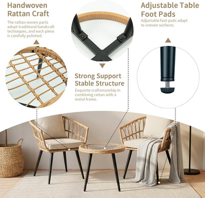 3-Piece Patio Dining Set, Featuring a round PE Rattan Table and 2 Chairs, Suitable for Bedrooms, Porches and Gardens All-Weather Furniture Set Includes Tempered Glass, Thick Cushions