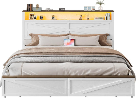 Farmhouse King Size Bed Frame with LED Light and Charging Station, Wood Bed Frame with Storage Headboard and 2 Drawers， Barn Door Design, Sturdy and Noiseless, White